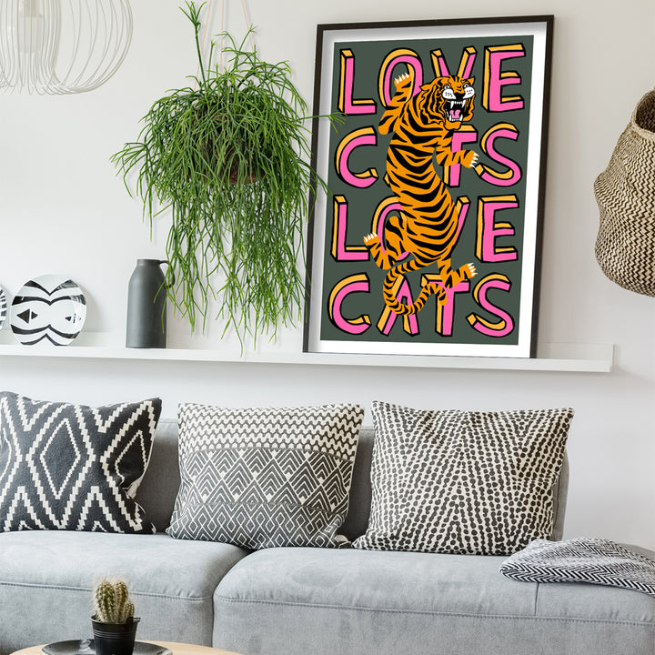 Love Cats Tiger Charcoal & Pink Art Print Additional 1