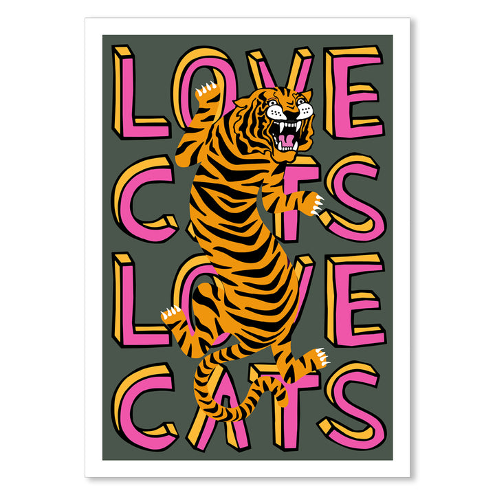 Love Cats Tiger Charcoal & Pink Art Print Additional 2