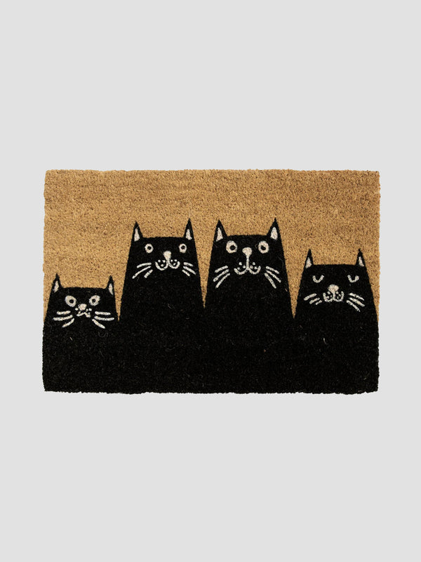 Black Cats Doormat. Coconut Fibre Mat with Feline Family Portrait