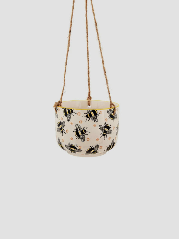 Busy Bees Hanging Planter - Yellow Ceramic Bee Flower Pot