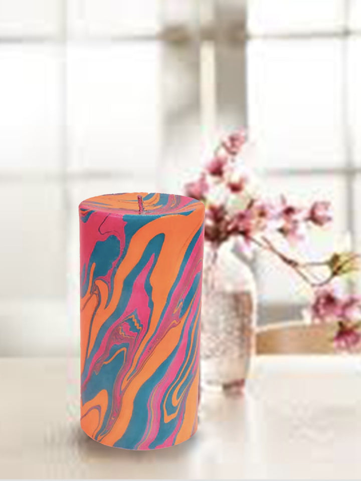 Calypso Marble Pillar Candle, Hand-Poured Soy Wax in Swirled Teal, Pink and Orange Additional 2