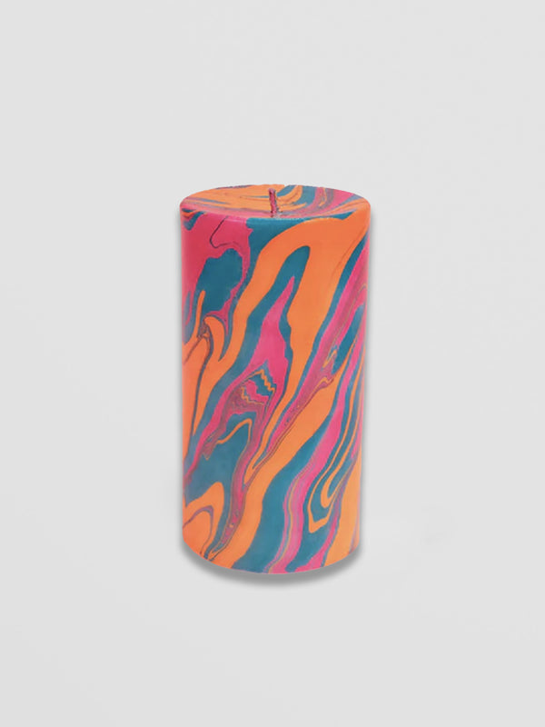 Calypso Marble Pillar Candle, Hand-Poured Soy Wax in Swirled Teal, Pink and Orange