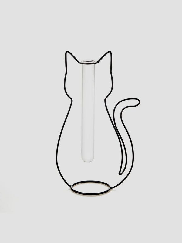 Cat Silhouette Vase Set. Quirky Glass & Metal Plant Holders for Cat Lovers
