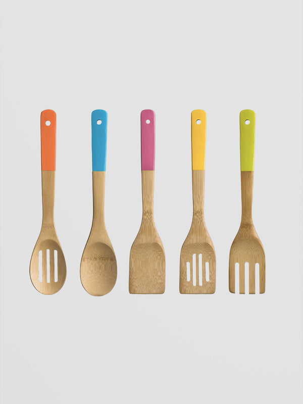 Colourful Bamboo Utensil Set. 5-Piece Kitchen Charm in Bright Hues