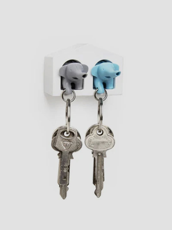 Elephant Key Ring Duo - Blue and Grey Key Holder with Whistle Trunks