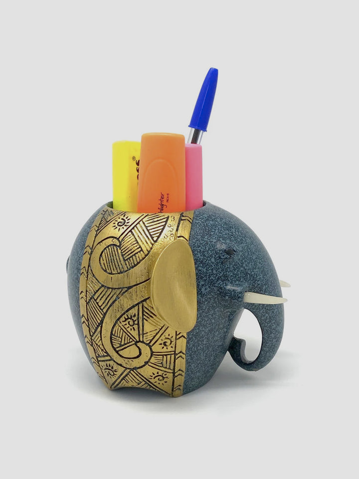 Lucky Elephant Pen Holder. Resin Desk Tidy with Trunkful of Charm Additional 1