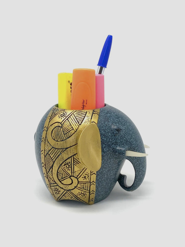 Lucky Elephant Pen Holder. Resin Desk Tidy with Trunkful of Charm