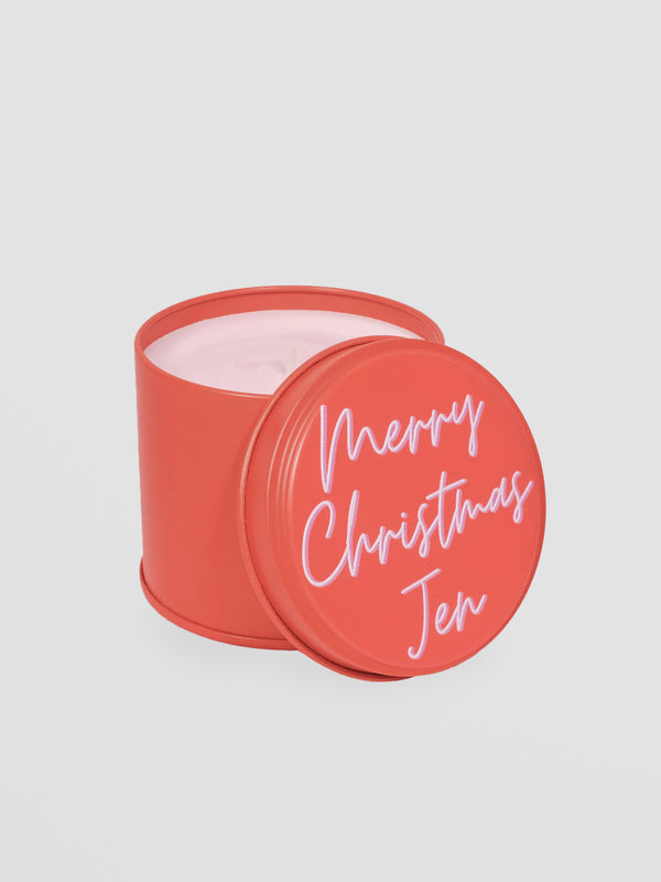 Personalised Christmas Candle in Red Tin. Festive Scented Gift with a Twist