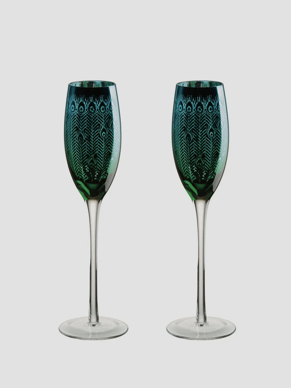 Peacock Champagne Saucers Set of 2. Iridescent Glasses with Flair