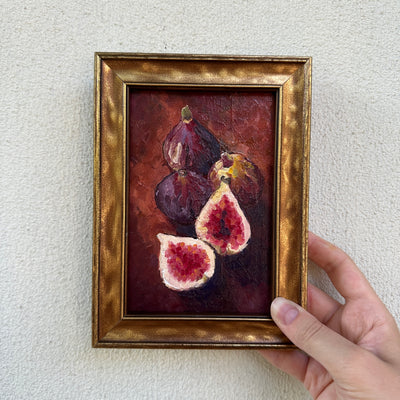 Oil Painting Still Life with Figs, Gothic Rustic Fruit Art in Gold Frame
