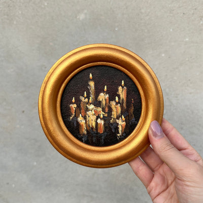 Oil Painting Candles in Golden Frame, 4x4 Inch Cosy Winter Art