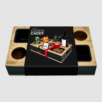 Couch Caddy Tray with Snack Compartments and Glass Holders.
