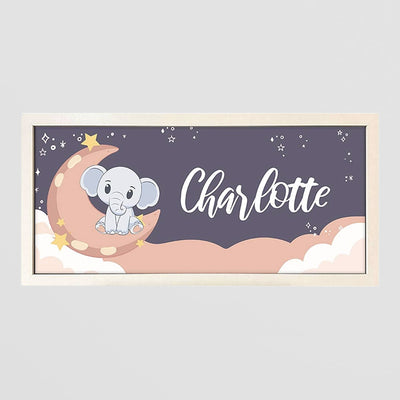 Personalised Nursery Wall Art Print. Elephant and Moon Framed Keepsake