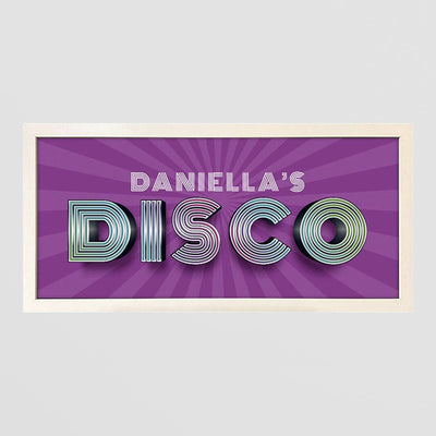 Personalised Disco Wall Art Print. Framed Retro Sign for Home or Party