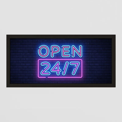 Framed Wall Art Print - Open 247 Neon Sign for Night Owls