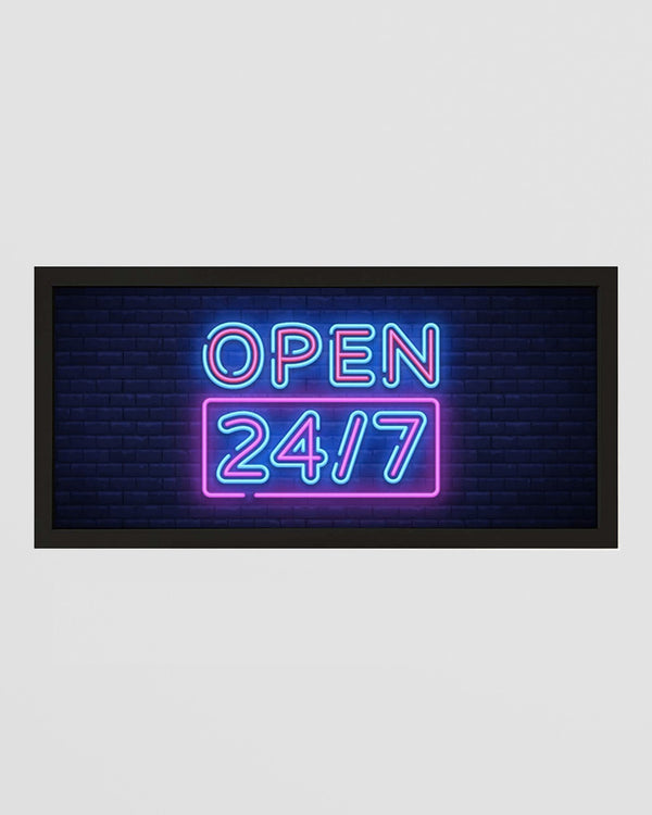 Framed Wall Art Print - Open 247 Neon Sign for Night Owls