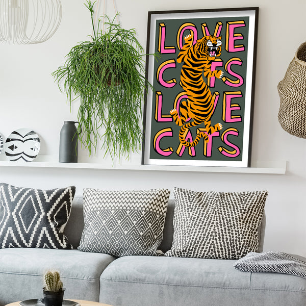 Love Cats Tiger Charcoal & Pink Art Print