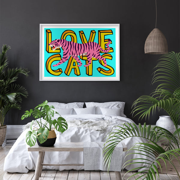 Love Cats Tiger Cyan & Pink Art Print