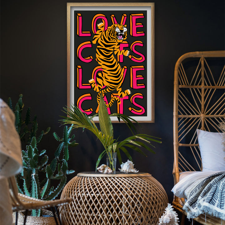 Love Cats Tiger Black & Coral Art Print Additional 1