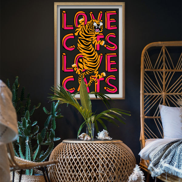Love Cats Tiger Black & Coral Art Print