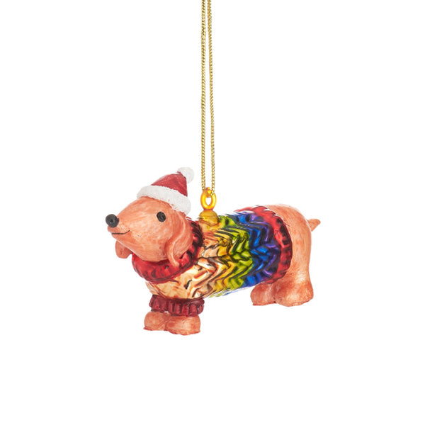 Sausage Dog in Rainbow Jumper Bauble