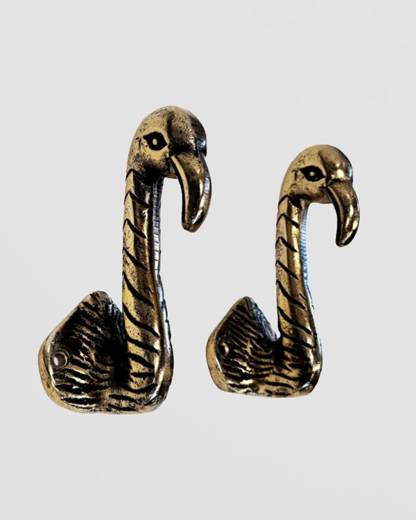 Set of 2 Antique Gold Flamingo Head Coat Hooks