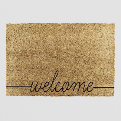 Curly Welcome Doormat, Natural Coir Mat with Swirly Script