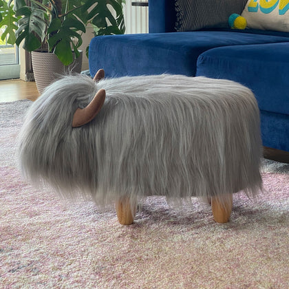 Highland Cow Footstool - Gilbert the Grey with Faux Fur & Wooden Legs